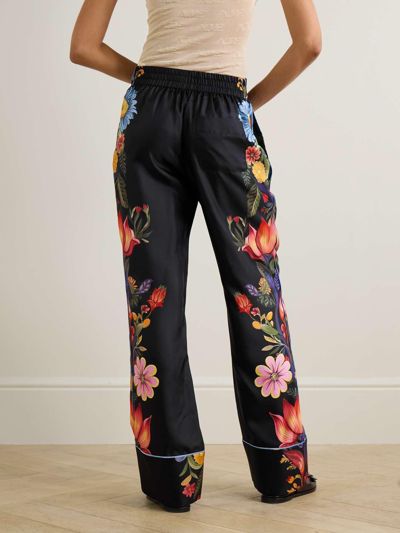 Exquisite Satin Floral Print Contrast Piping Wide-Leg Pants