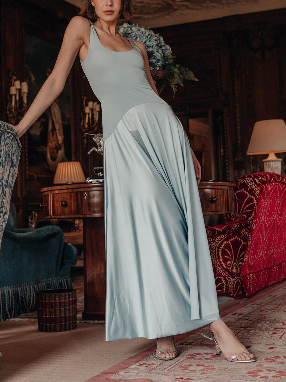 Elegant Curved Waist Spliced ​​Satin Party Maxi Dress