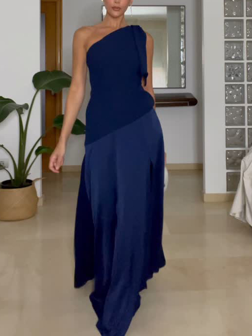 Elegant One-Shoulder Navy Blue Maxi Dress