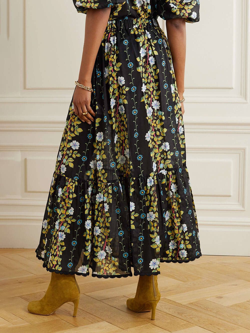 Elegant Belted Scalloped Floral-Print Chiffon Maxi Skirt