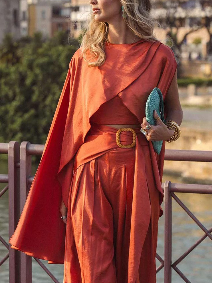 Elegant Draped Cape-Style Satin Blouse