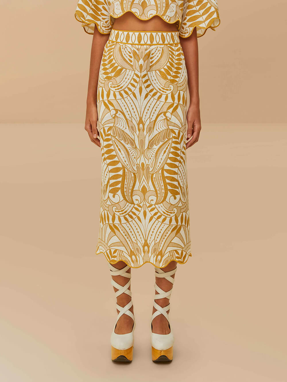 Retro Unique Print Wave Trim Linen Blend Elastic Waist Pocket Midi Skirt