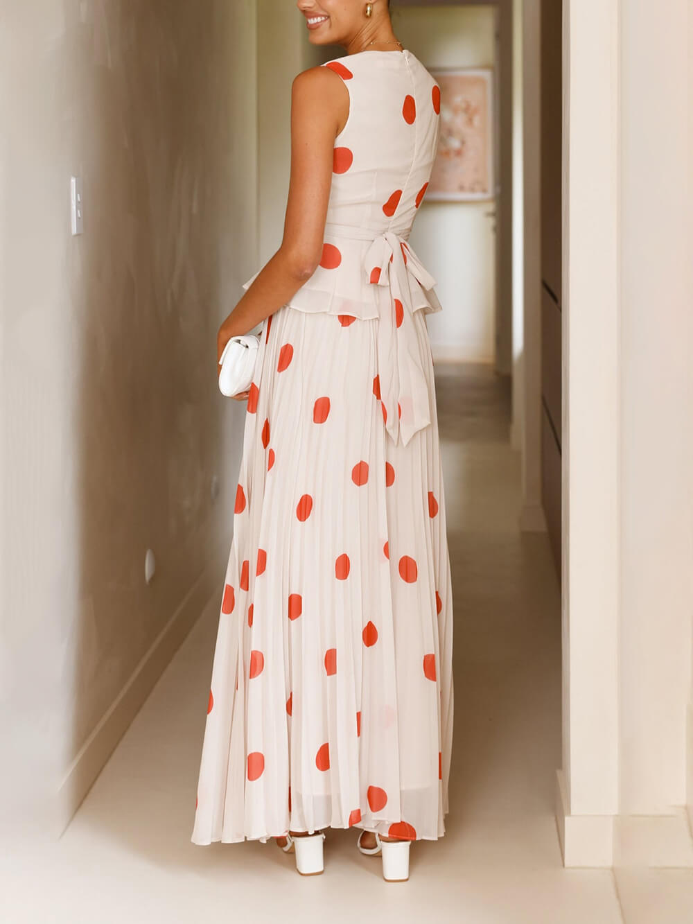 Delicate Red Polka Dot Print Ruched High-Waist Skirt