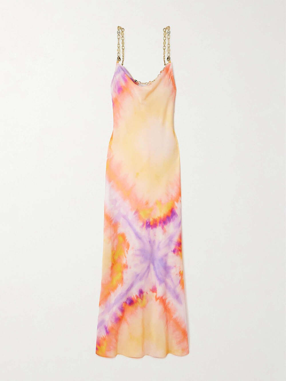 Exquisite Chain-Embellished Tie-Dye Satin Maxi Dress