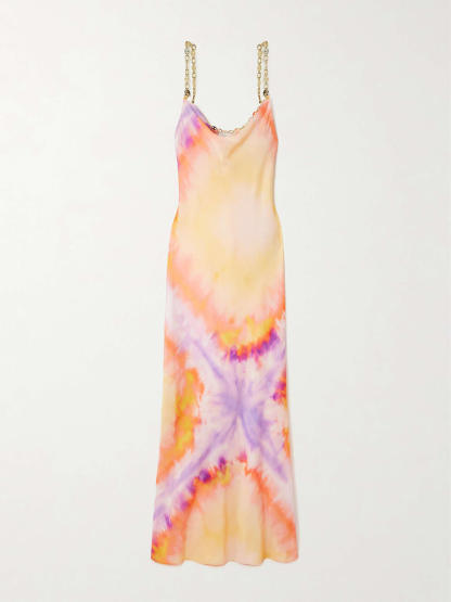 Exquisite Chain-Embellished Tie-Dye Satin Maxi Dress