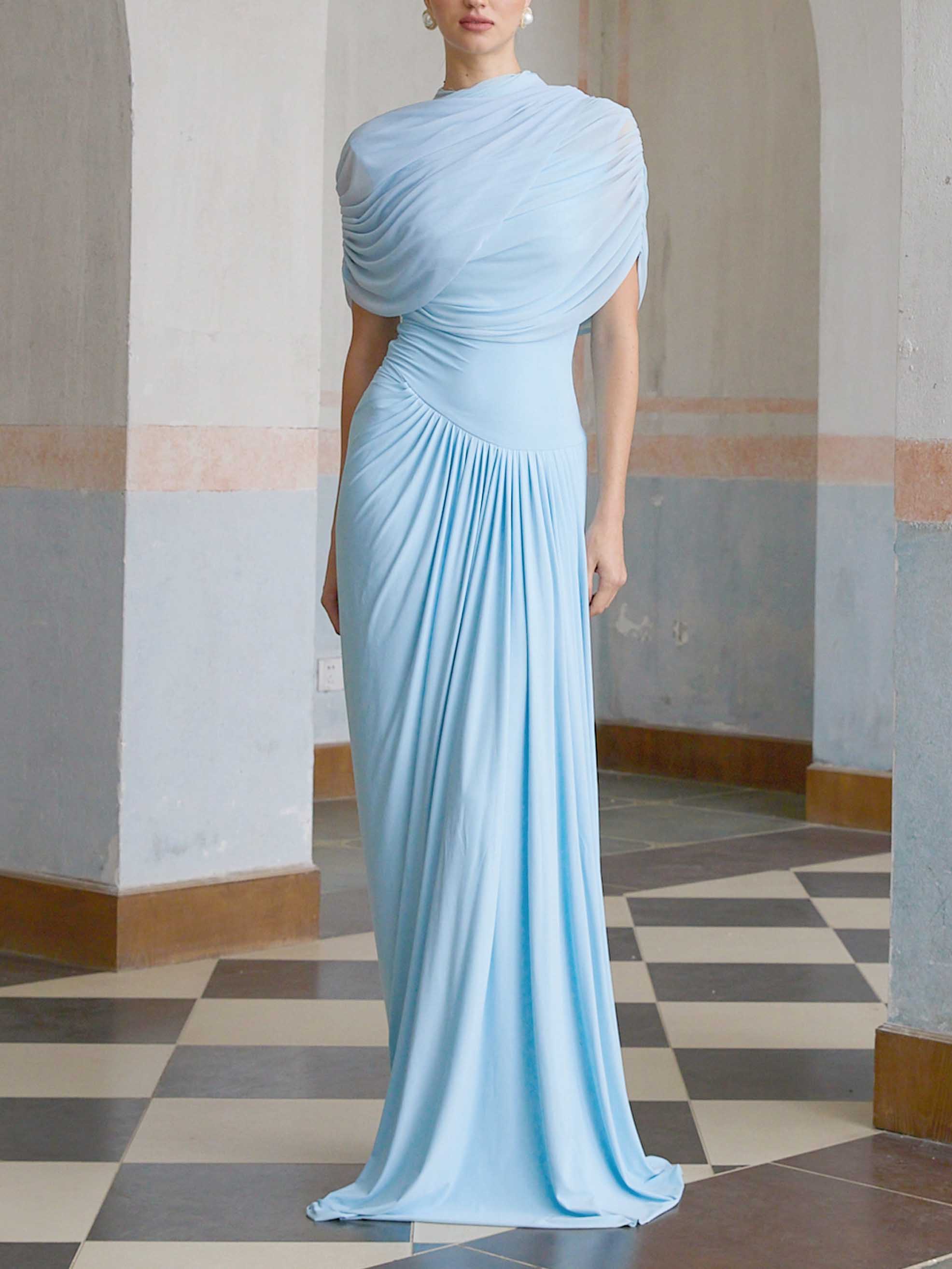 Elegant Asymmetric Ruffled Short Sleeve Maxi Dress