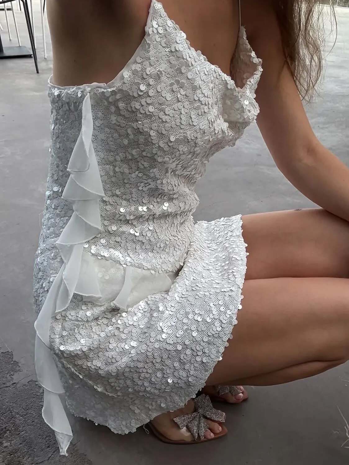 Elegant Halter Neck Sequined Ruffle Mini Dress