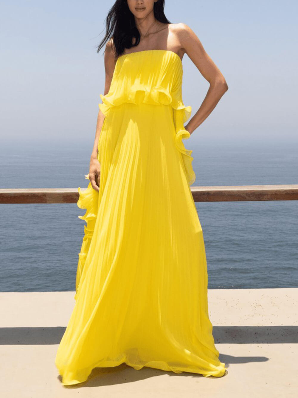 Elegant Chiffon Pleated Wavy Ruffles Trim Strapless Loose Maxi Dress