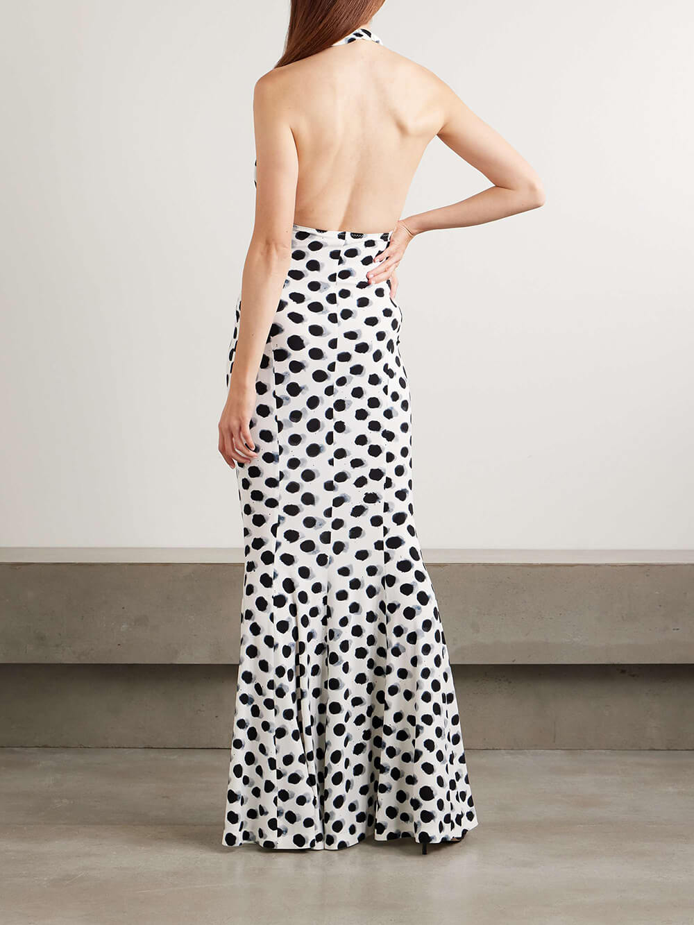 Elegant Cutout Polka Dot Print Stretch Halter Maxi Dress