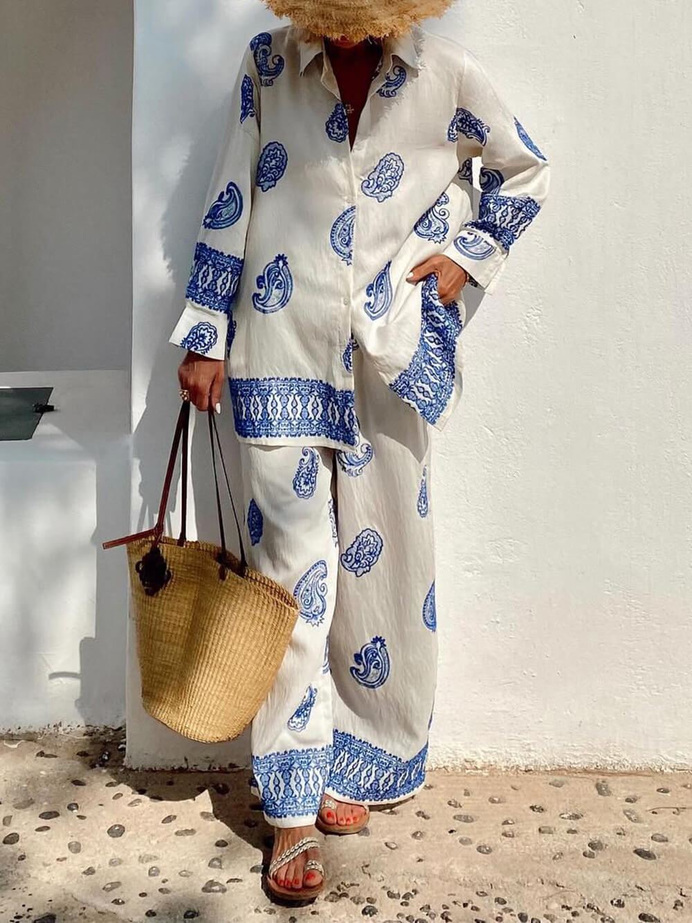 Unique Ethnic Pattern Print Oversized Button-Up Shirt