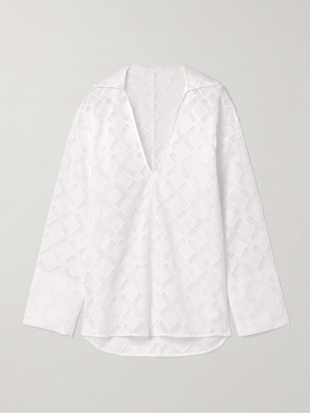 Unique Sheer Lace Panel Loose-Fit Button-Up Blouse