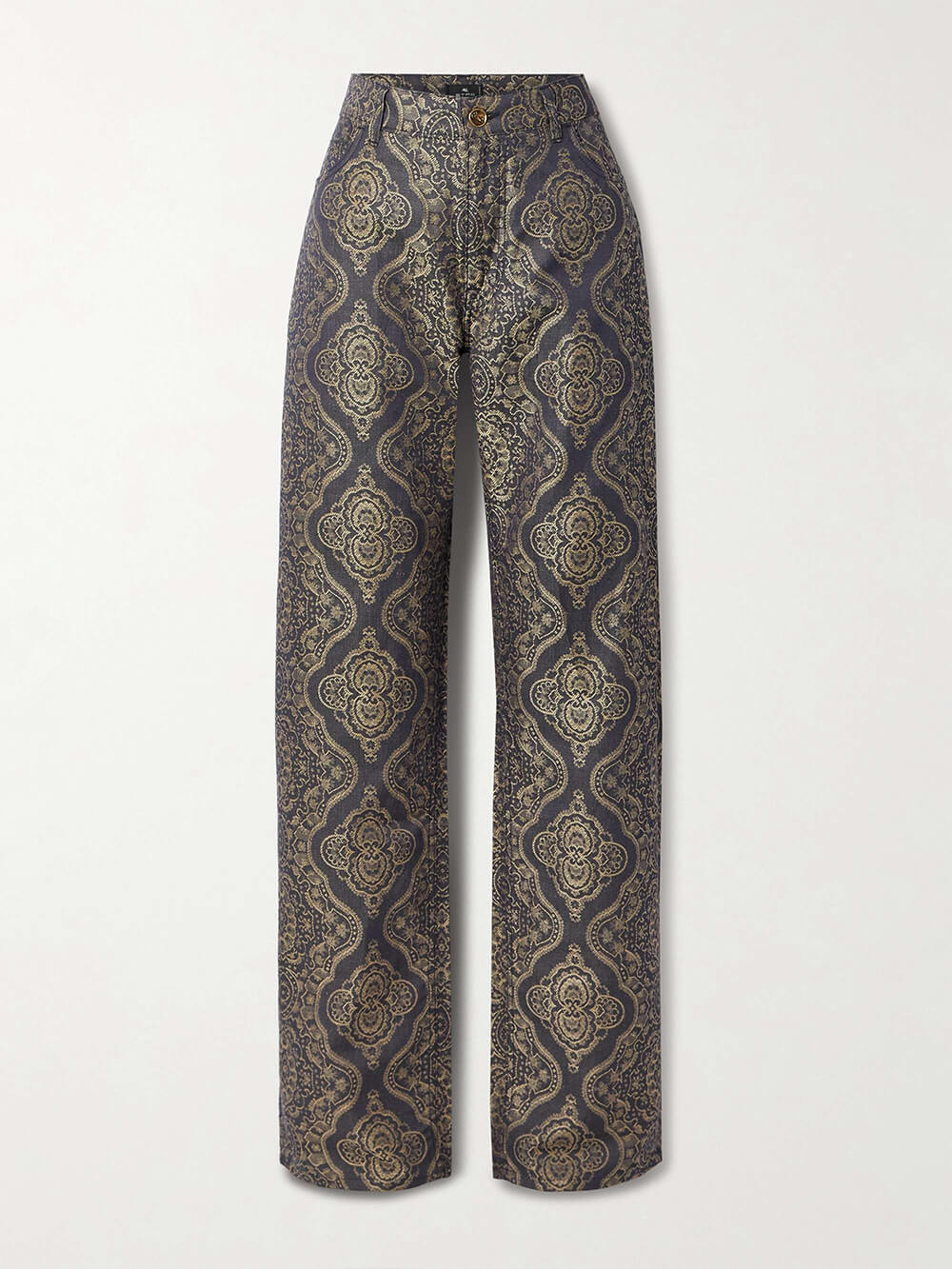 Retro Ethnic Print Metallic Denim Jacquard Straight Pants
