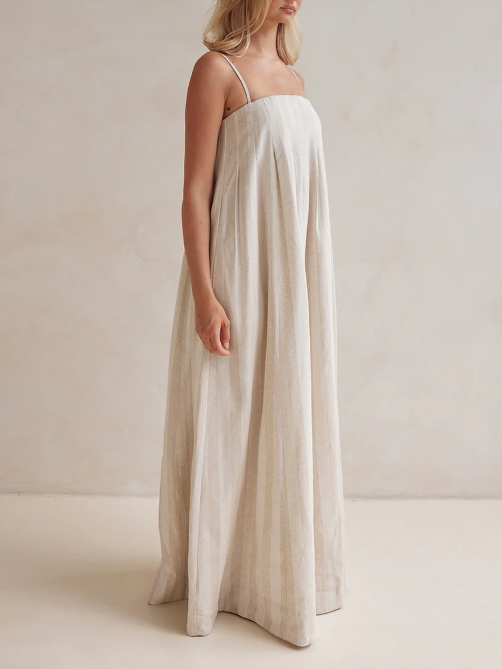 Delicate Striped Patchwork Ruched Casual Cami Maxi Dress