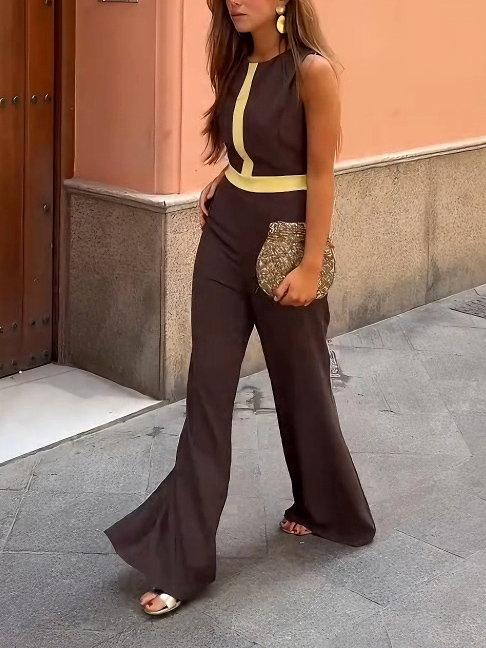 Retro Round Neck Classic Contrast Color Flared Jumpsuit