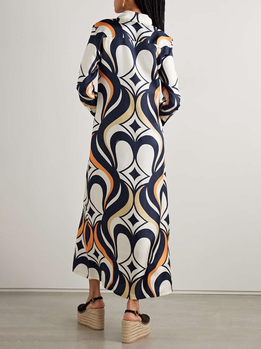 Retro Swirl Geometric Print Long Sleeve Maxi Dress
