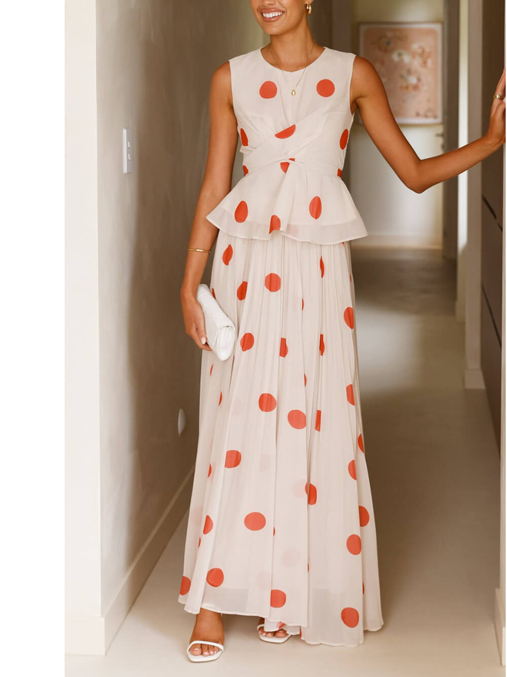 Delicate Red Polka Dot Print Ruffled Cross-Over Top