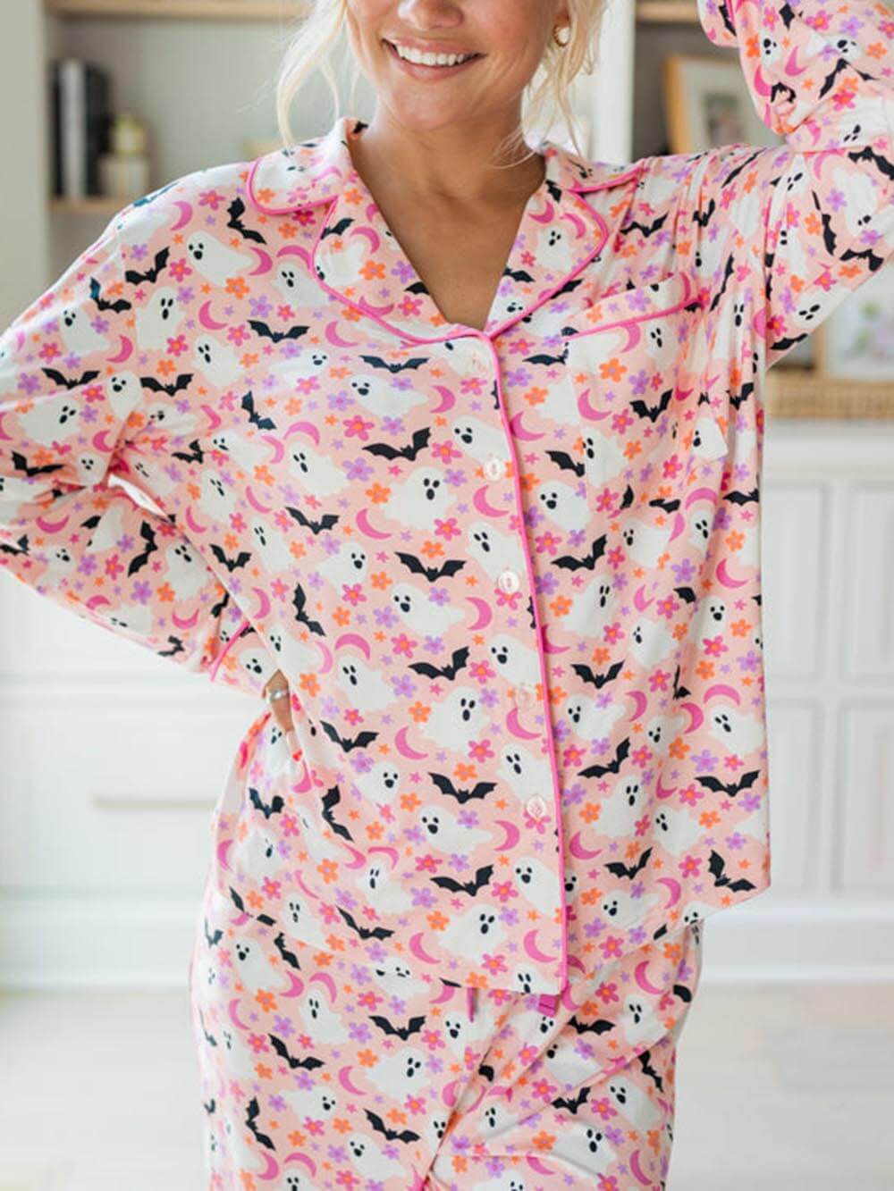Halloween Eve wearing Haunted Honey Bat Print Pajama Set