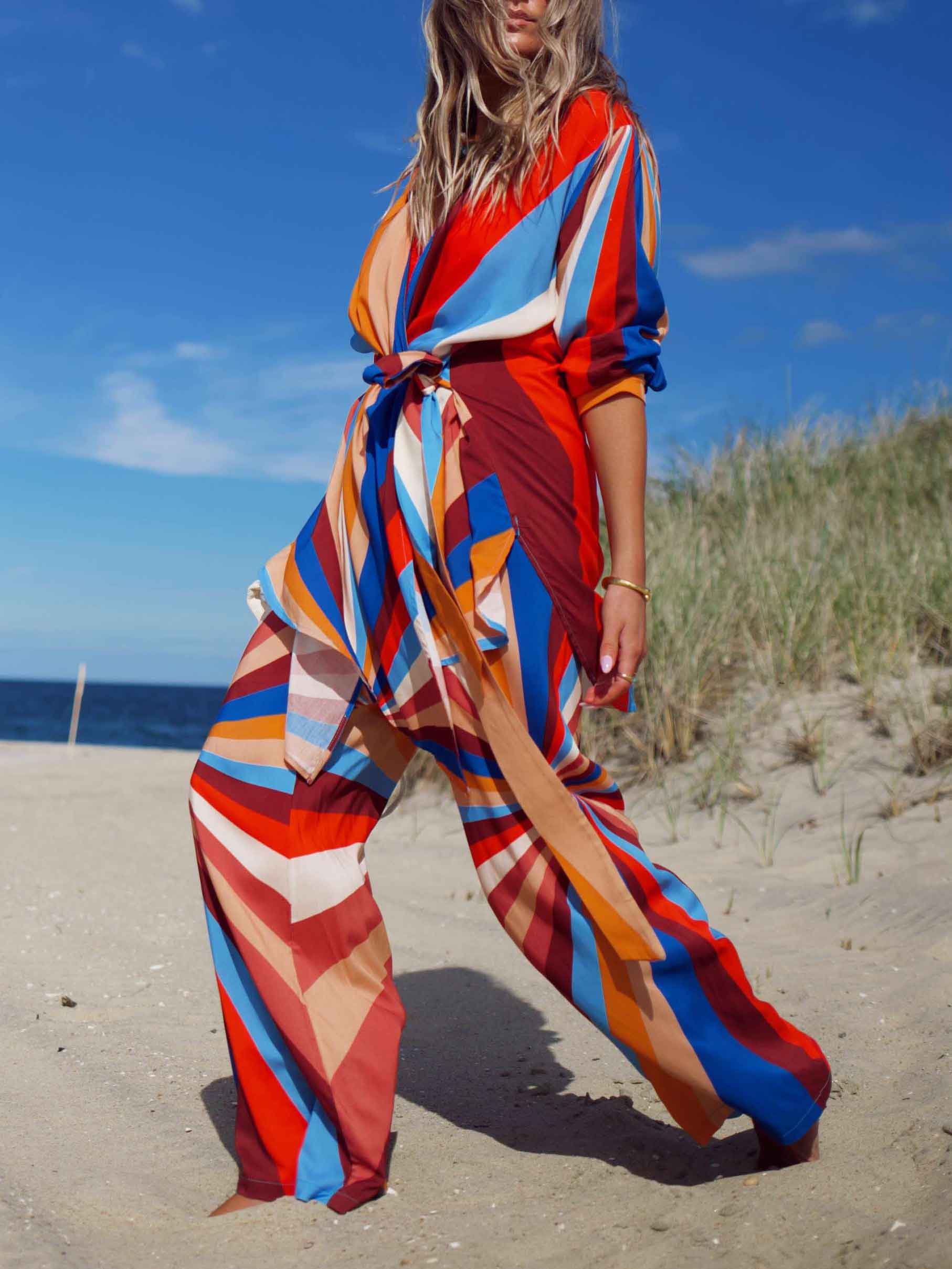 Vibrant Geometric Stripe Tie-Waist Shirt