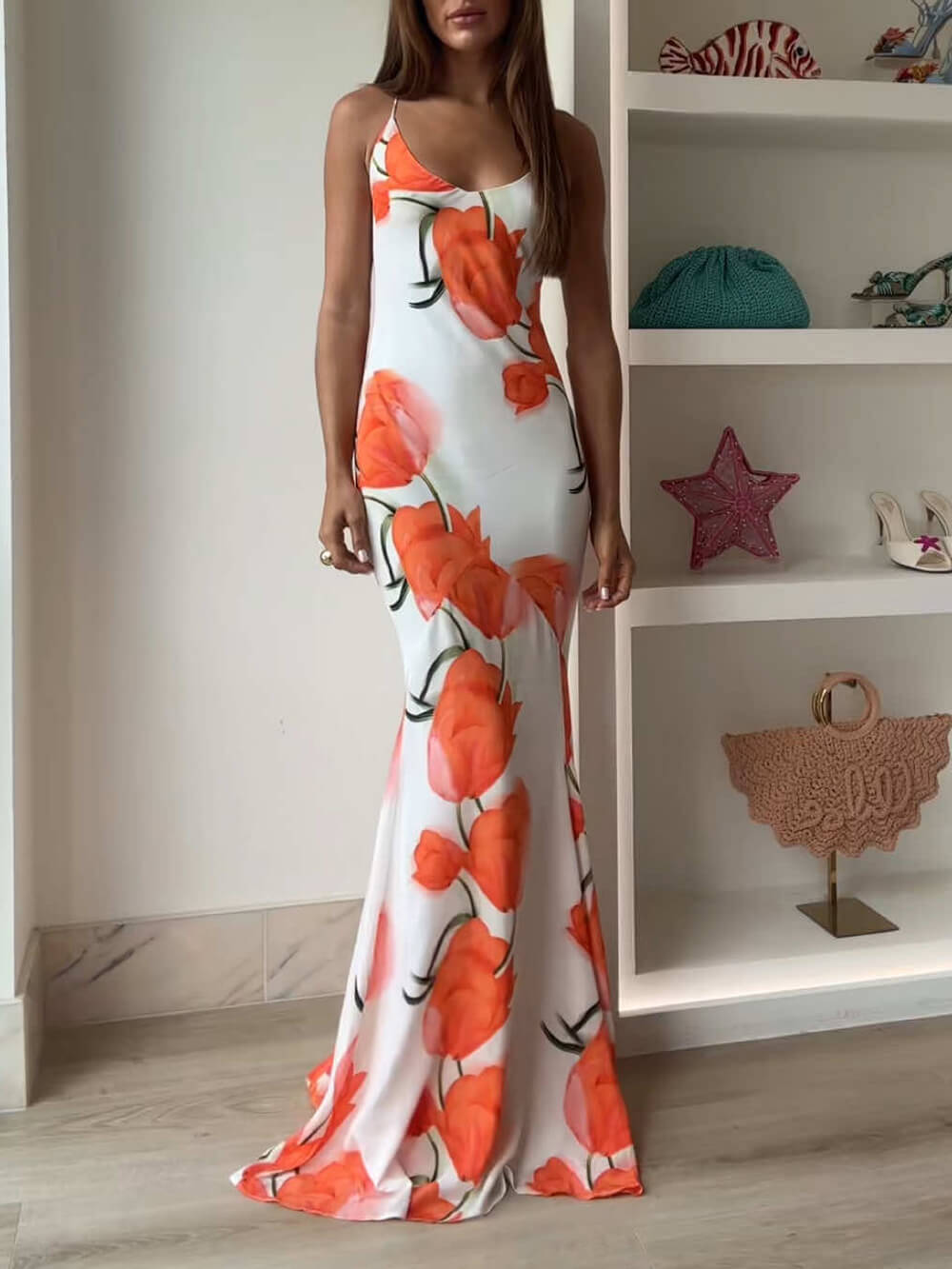 Exquisite Satin Open Back Floral Print Maxi Dress