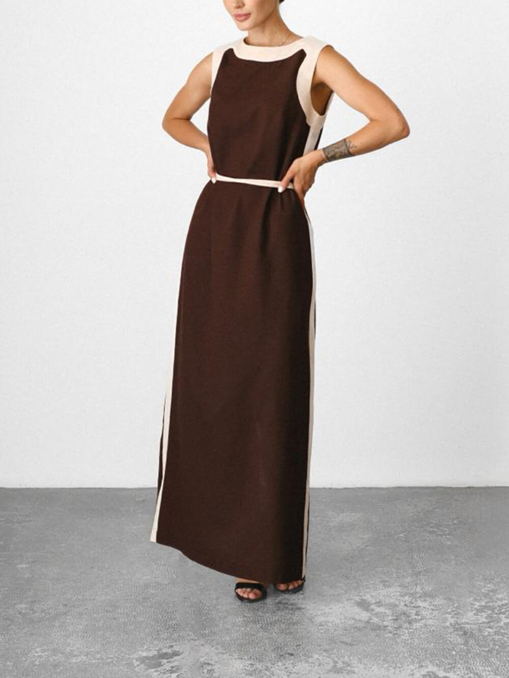 Unique Retro Colorblock Belted Linen Maxi Dress