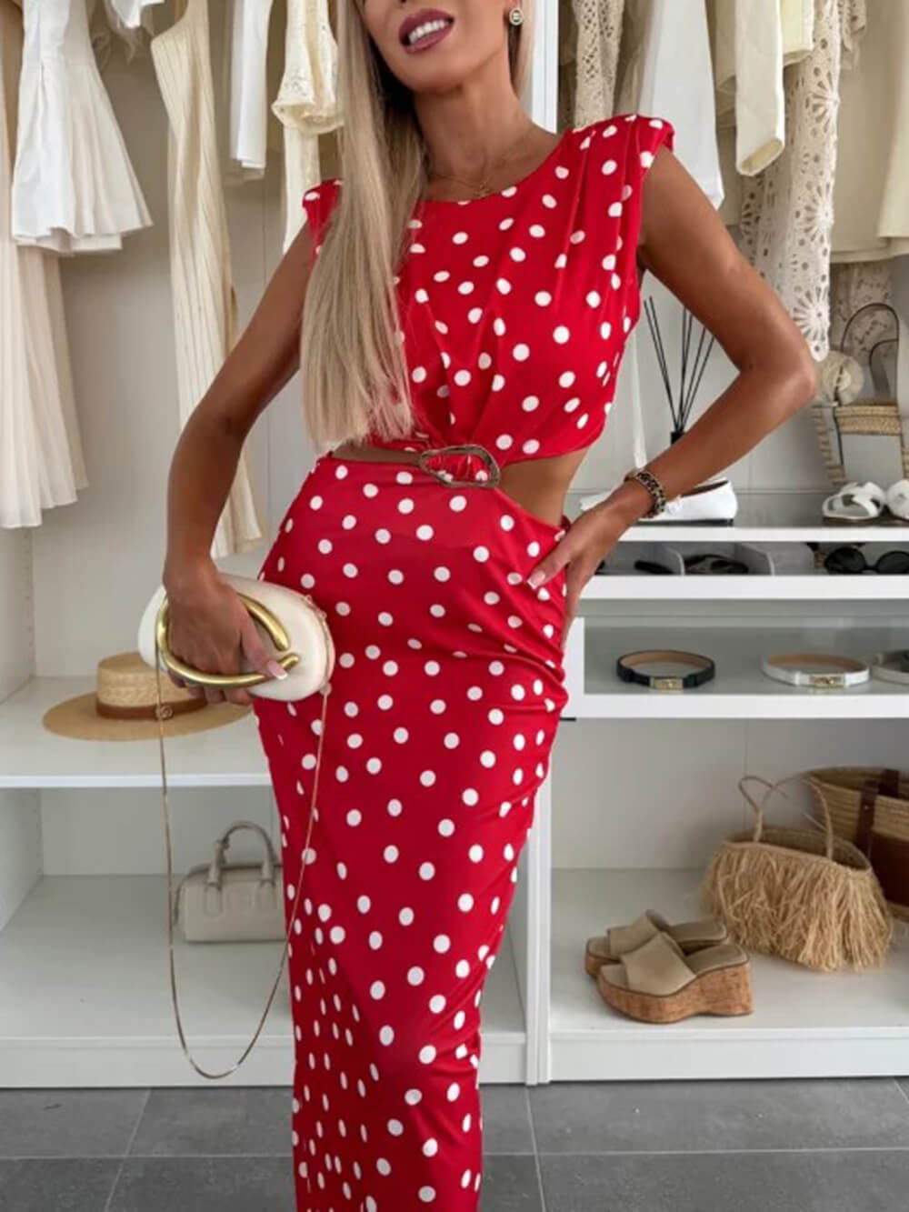 Elegance Timeless Polka Dot Print Cutout Maxi Dress