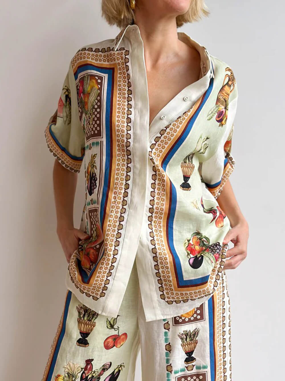 Unique Tropical Luxe Satin Fruit Print Loose Elastic Waist Wide-Leg Pants