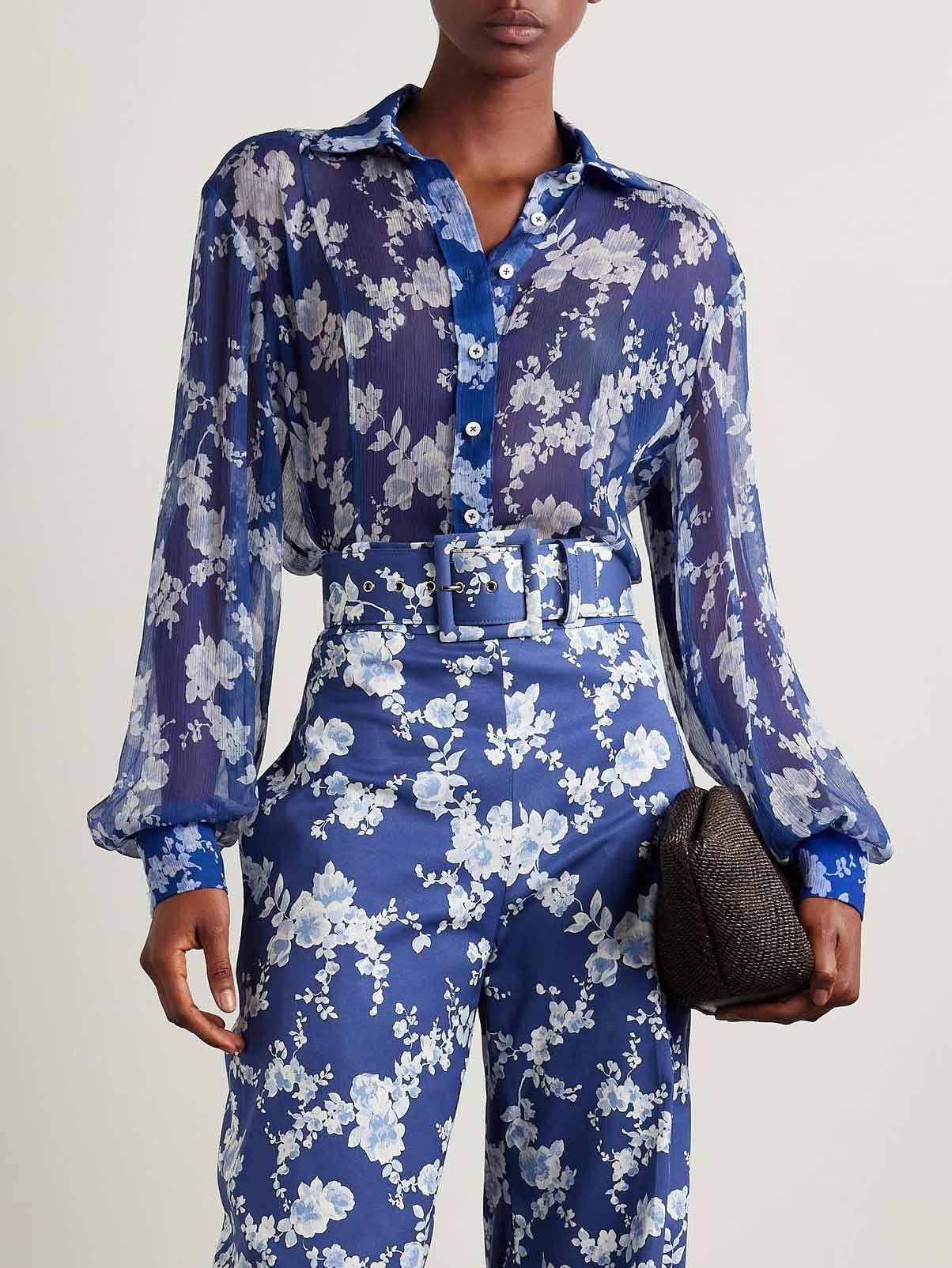 Exquisite Floral Print Chiffon Sheer Long-sleeved Shirt