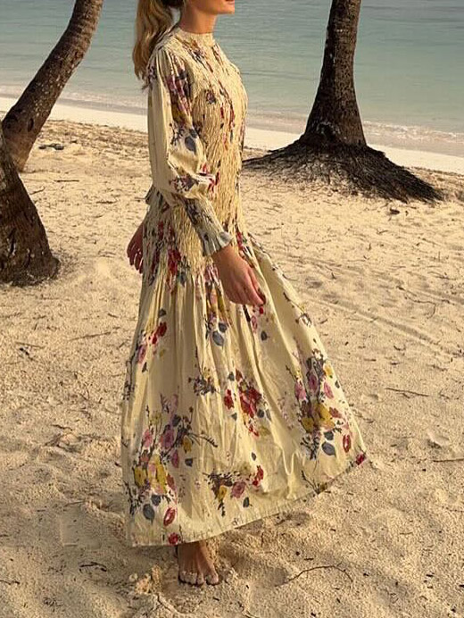Elegant Crinkled Floral Print Puff Sleeve Maxi Dress