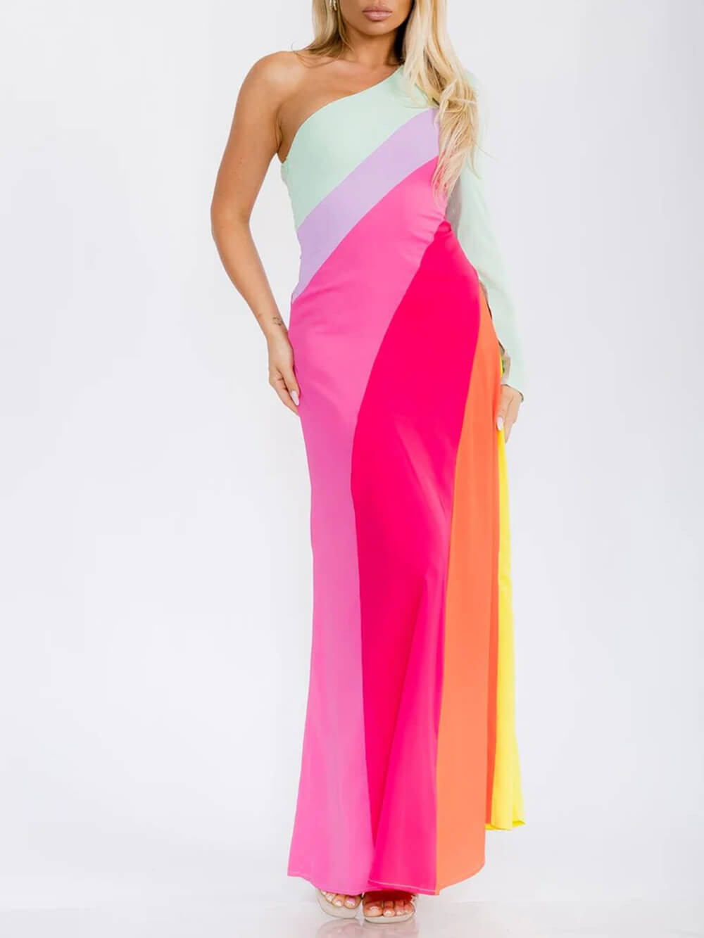 Unique One Shoulder Colorblock Maxi Dress