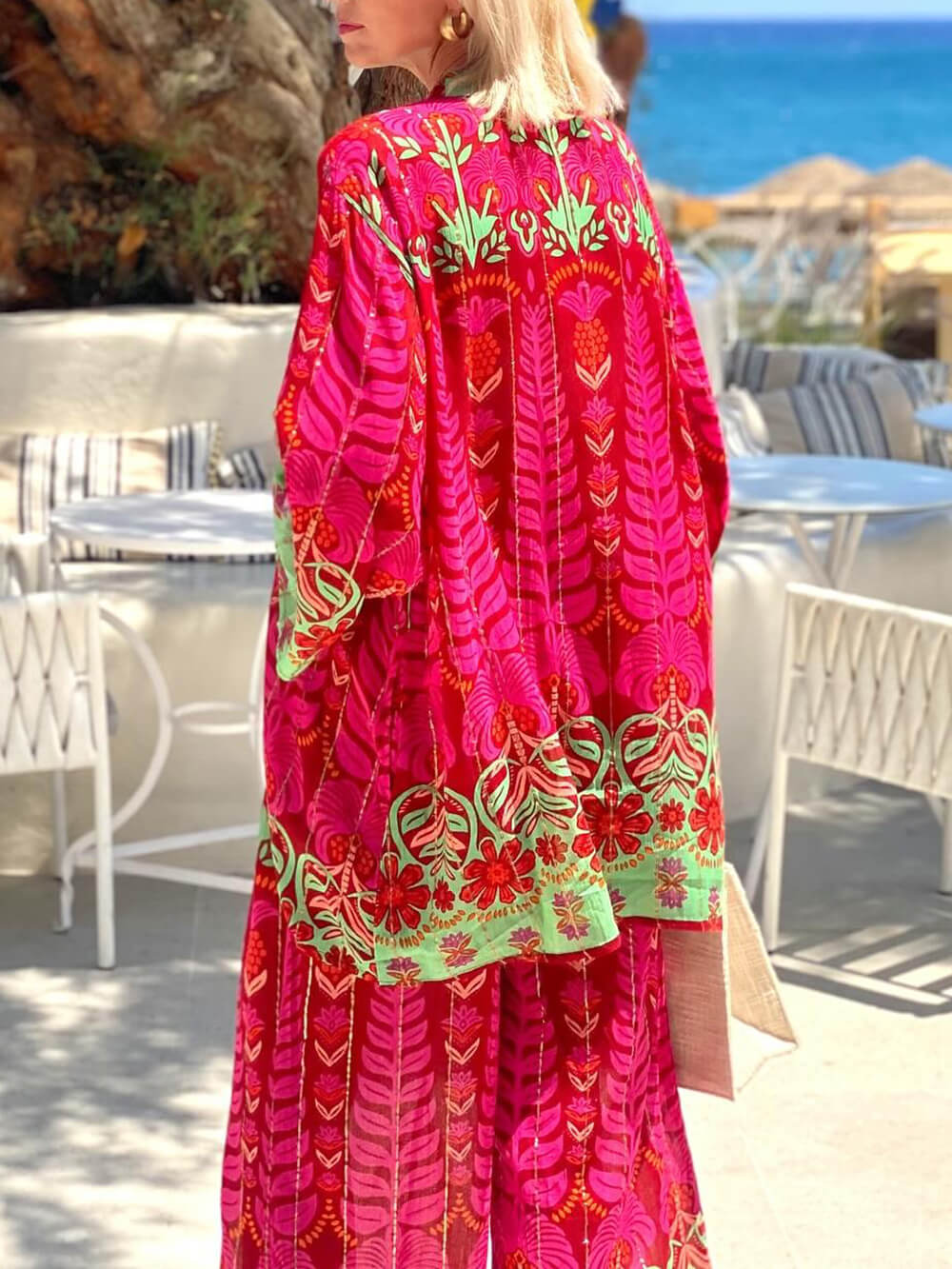 Unique Ethnic Floral Print With Elastic Waist Wide-Leg Pants