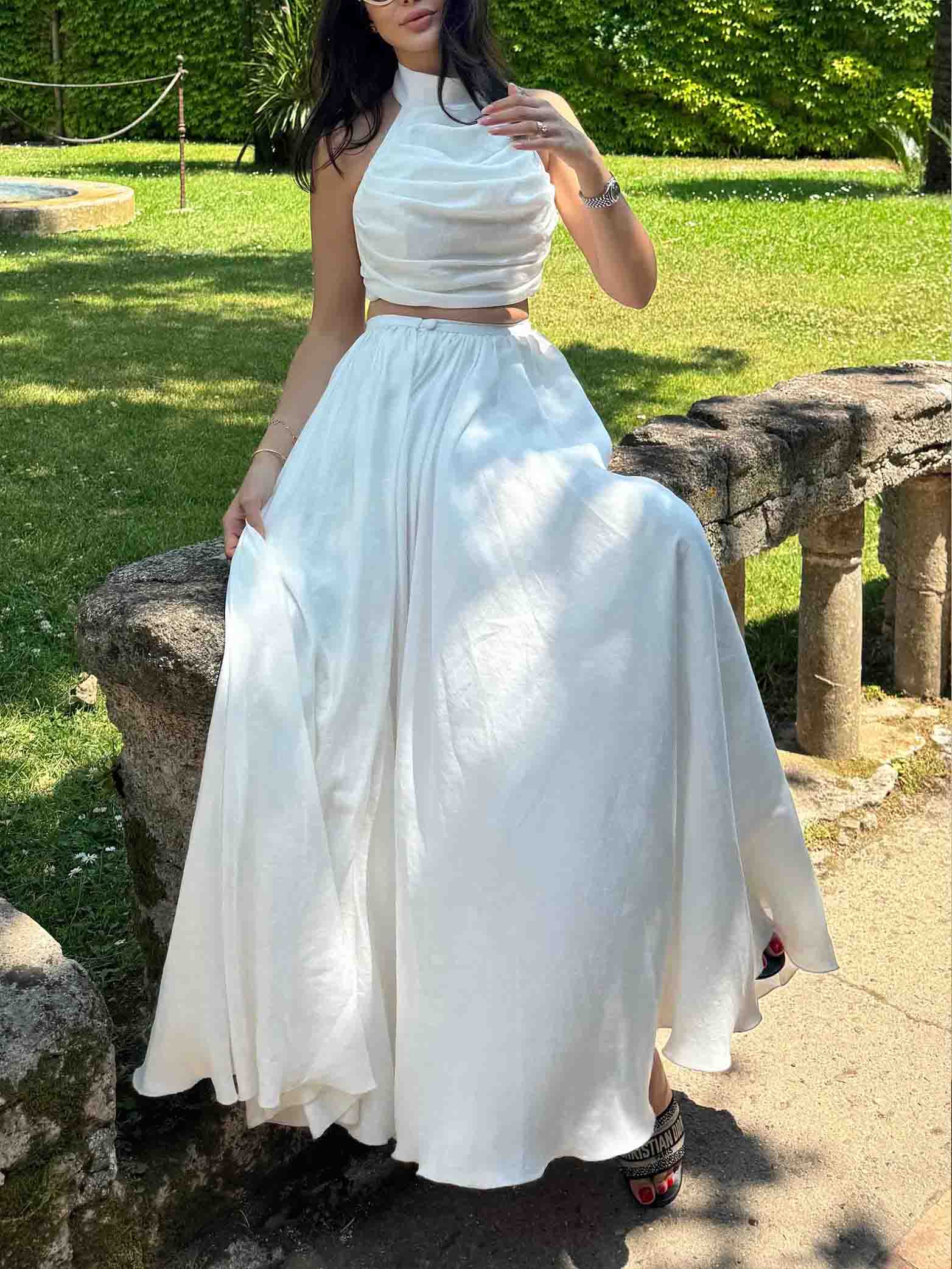 Elegant Halterneck Pleated Top And Slit Long Skirt Two-piece Set