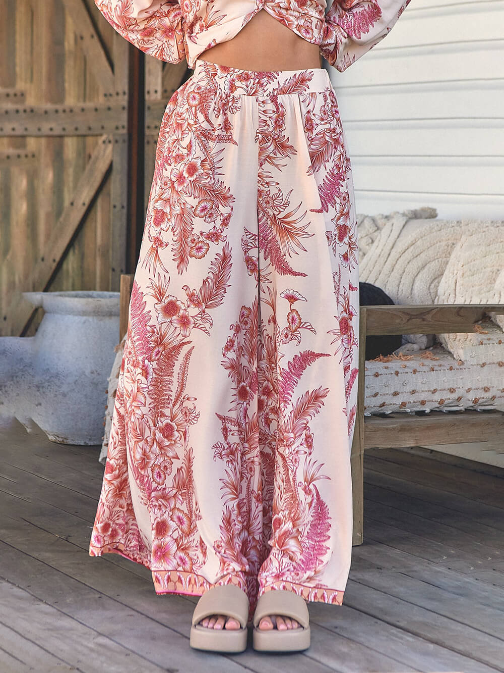 Warm Holiday Floral Printed Loose Elastic Waist Wide Leg Pants