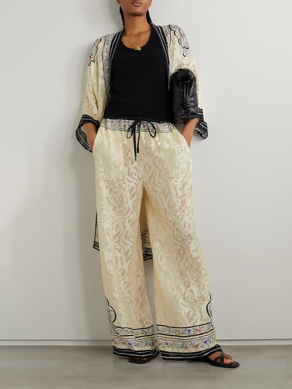 Unique Print Satin Lace-Up Ealastic Waist Wide-Leg Pants