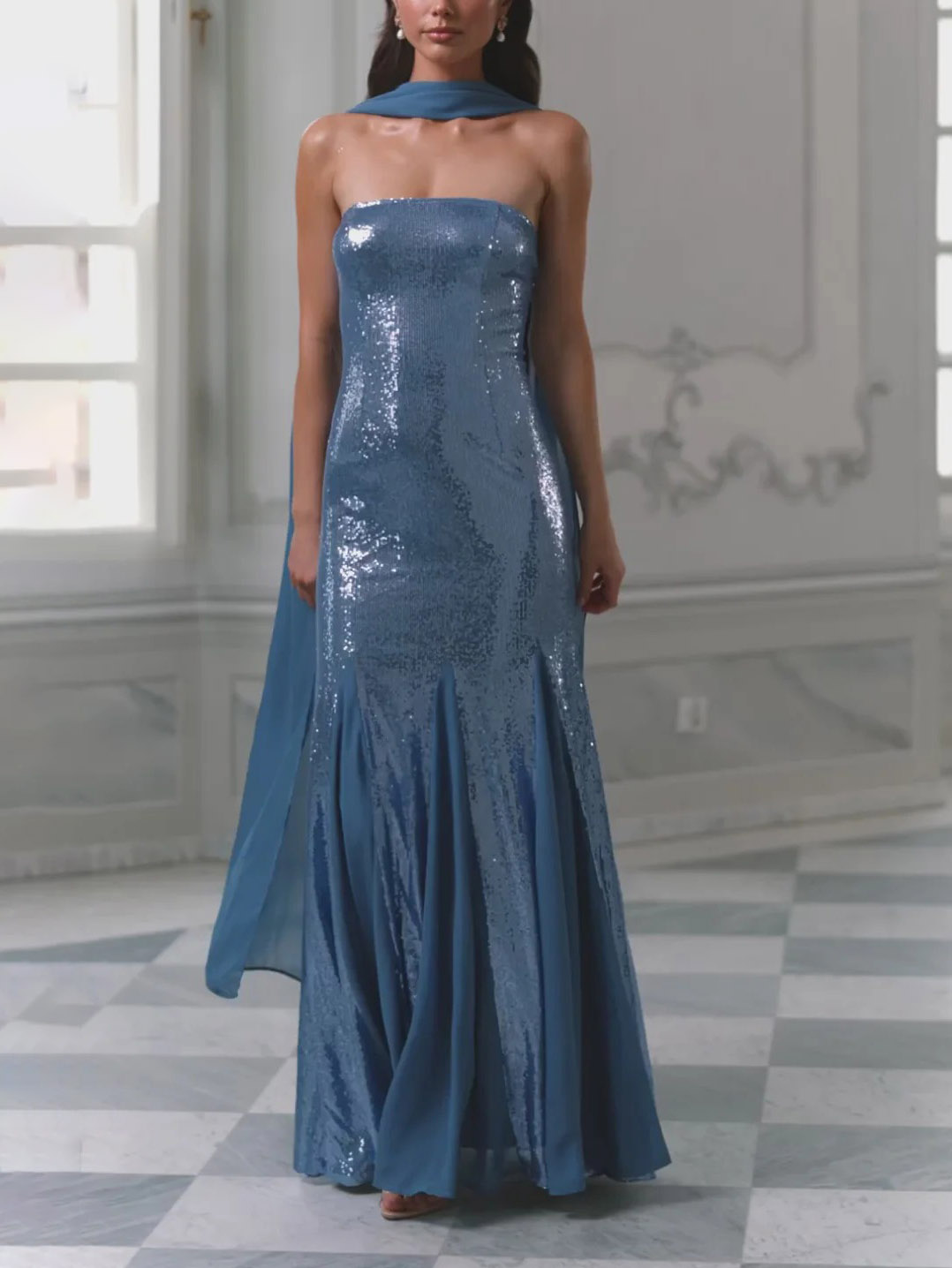 Elegant Off-the-shoulder Sequin Chiffon Maxi Dress