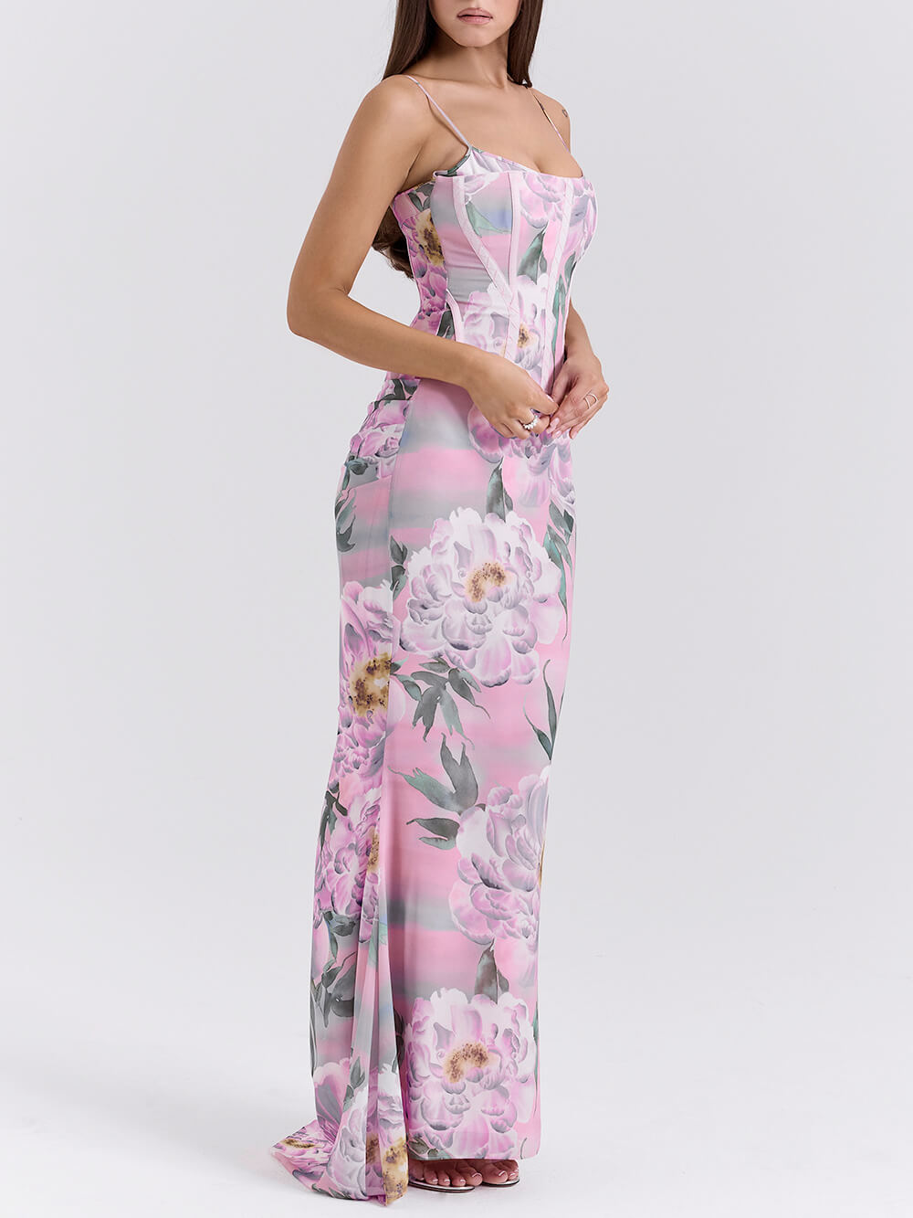 Retro Pink Floral Print Corset Maxi Dress