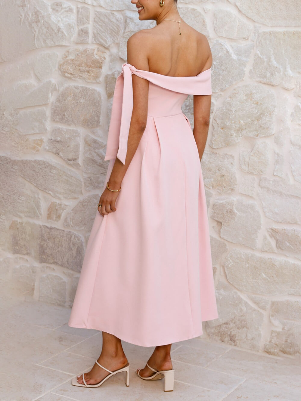 Elegant Off-Shoulder Tie Ruched Midi Dress