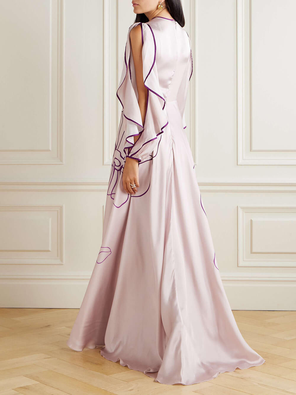 Retro Ruffled Cutout Floral Print Satin Maxi Dress