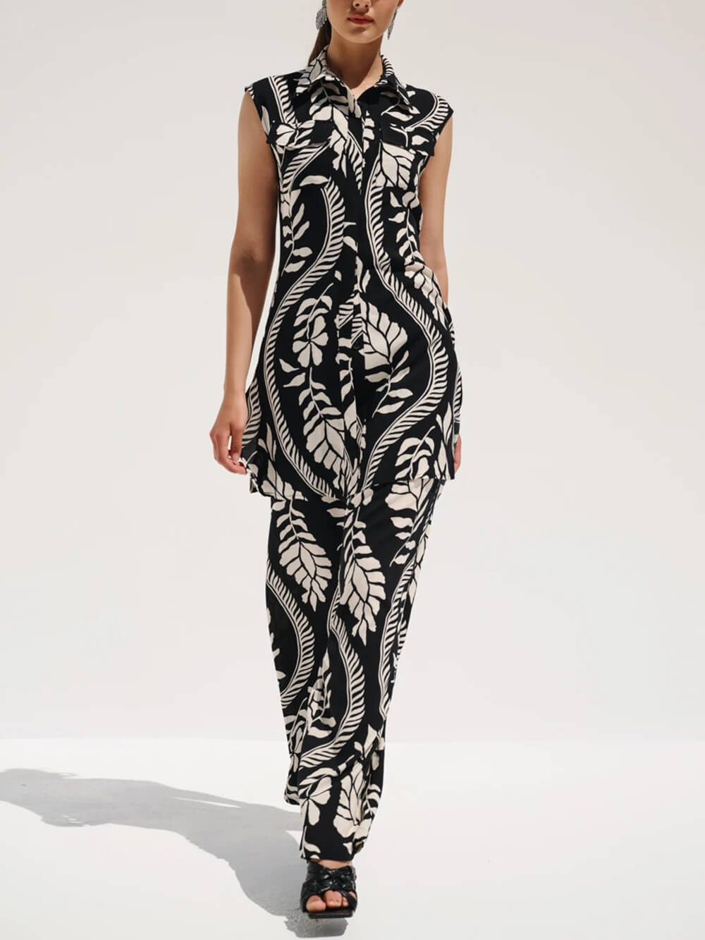 Unique High-Waisted Printed With Elastic Belt Pocket Straight-Leg Pants