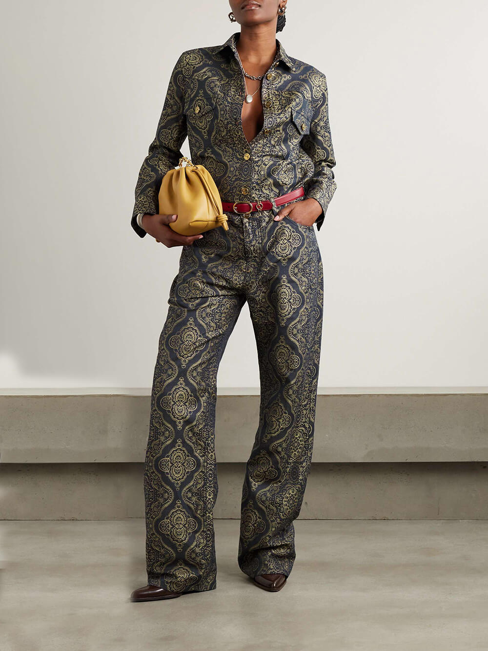 Retro Ethnic Print Denim Jacquard Button-Up Shirt