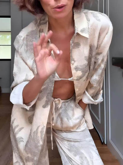 Summer Unique Palm Leaf Print Loose Lace Elastic Waist Pocket Wide Leg ants