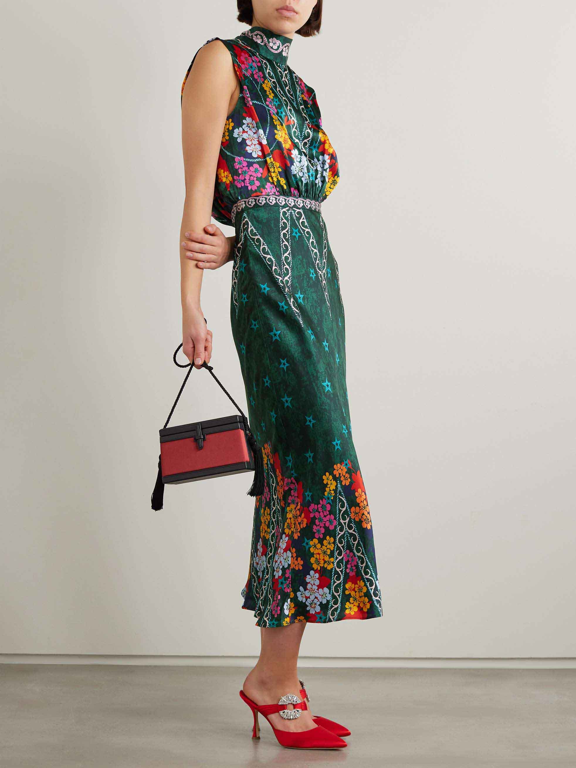 Retro Star Floral Print Satin Midi Dress