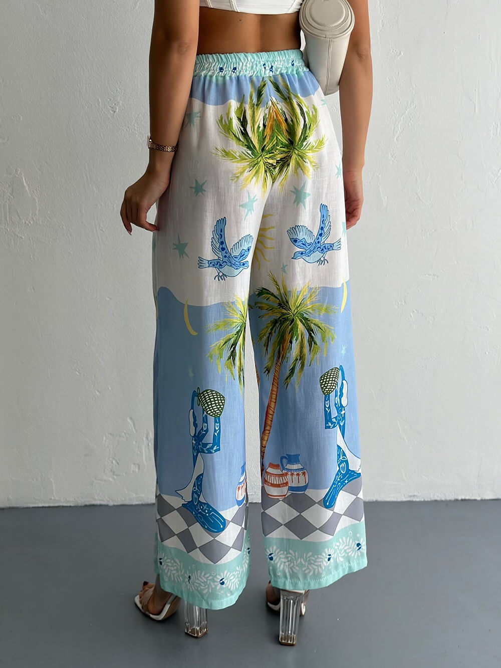 Unique Coastal Palm Tree Print Wide-Leg Pants