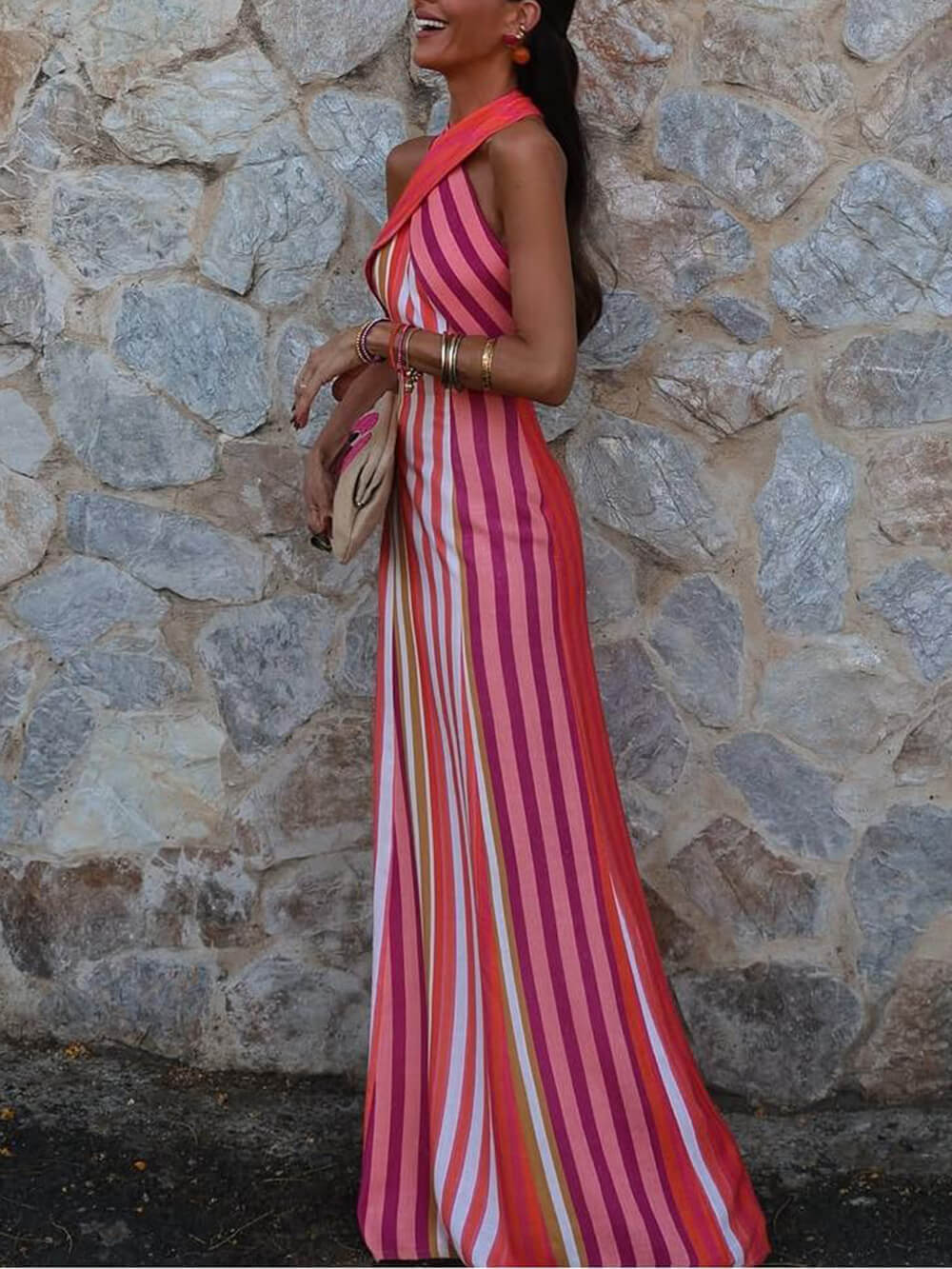 Summer Sunset Samba Cross-Strap Striped Maxi Dress