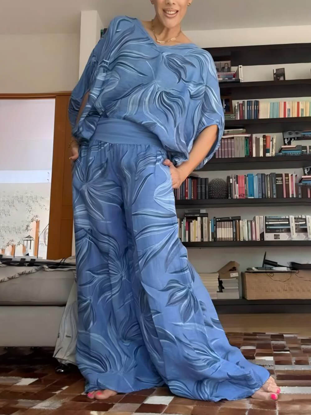 Unique Floral Print High-Waisted Pocket Wide-Leg Pants