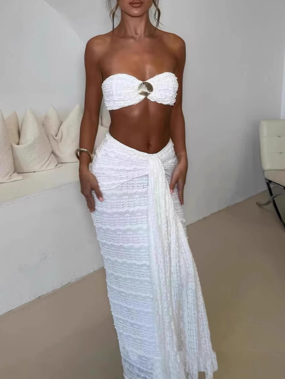 Elegant Strapless Shell-Embellished Top & Ruched Skirt Set