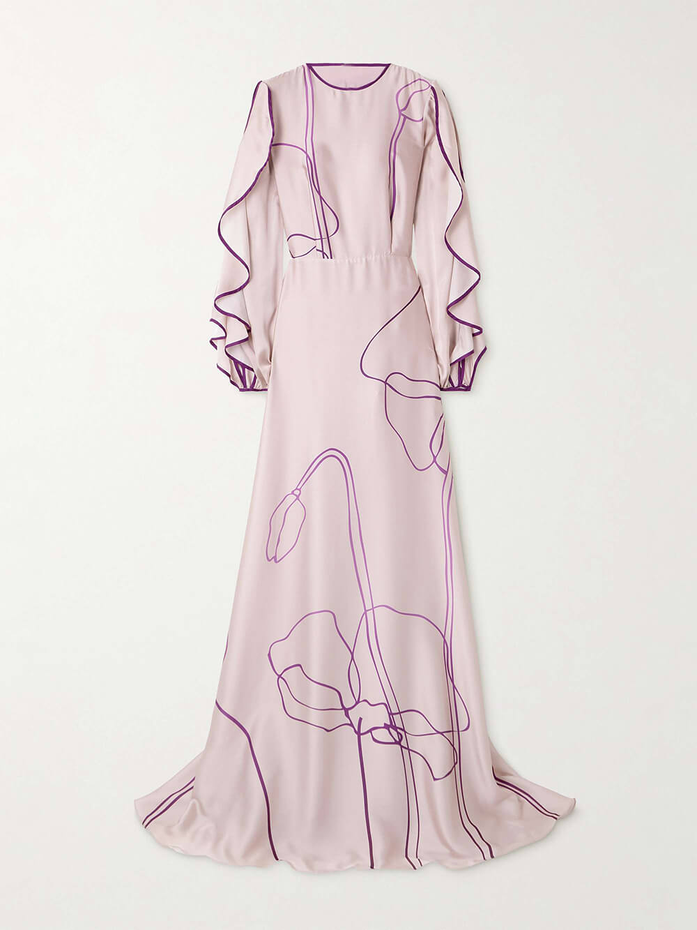 Retro Ruffled Cutout Floral Print Satin Maxi Dress