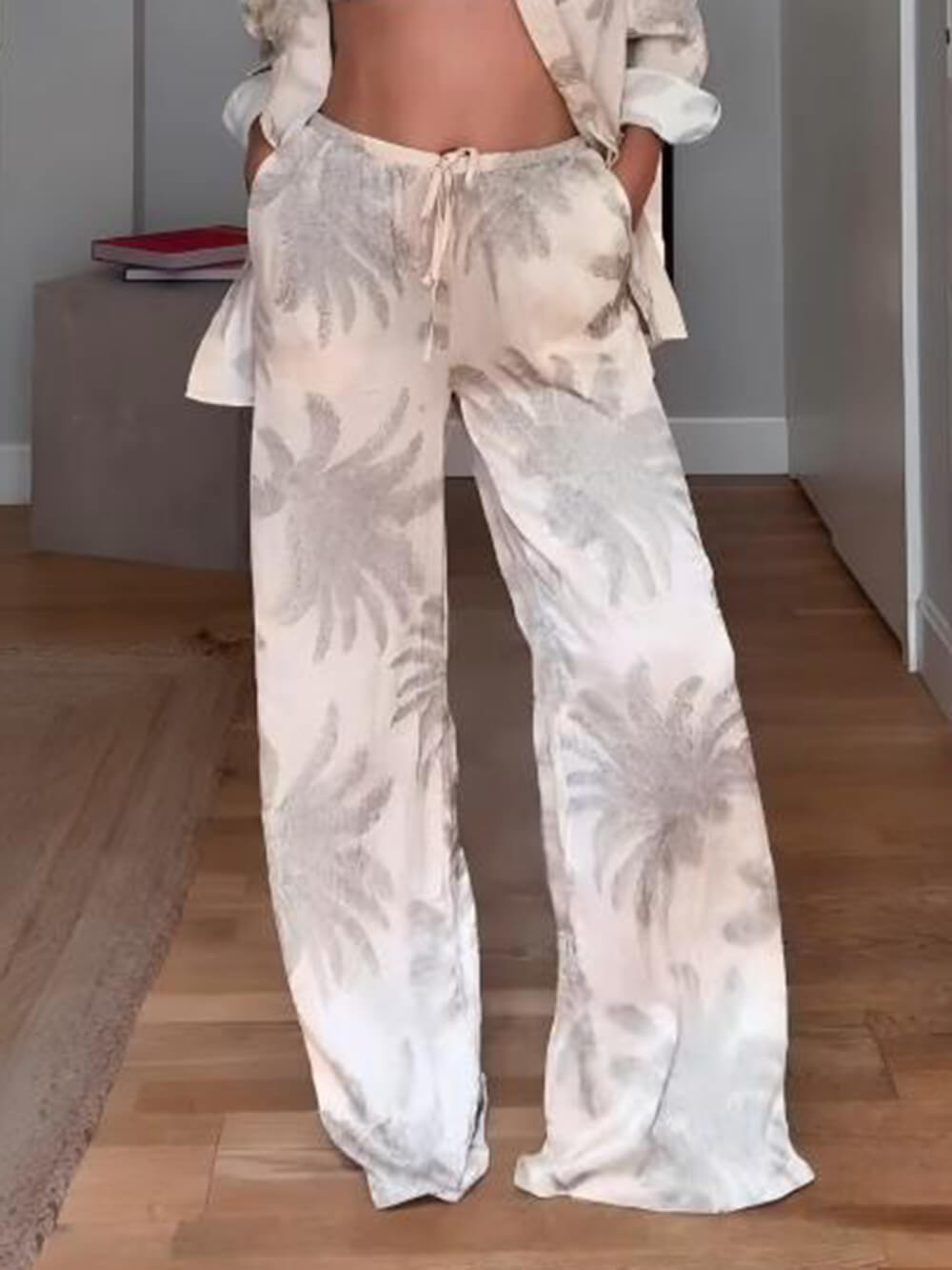 Summer Unique Palm Leaf Print Loose Lace Elastic Waist Pocket Wide Leg ants