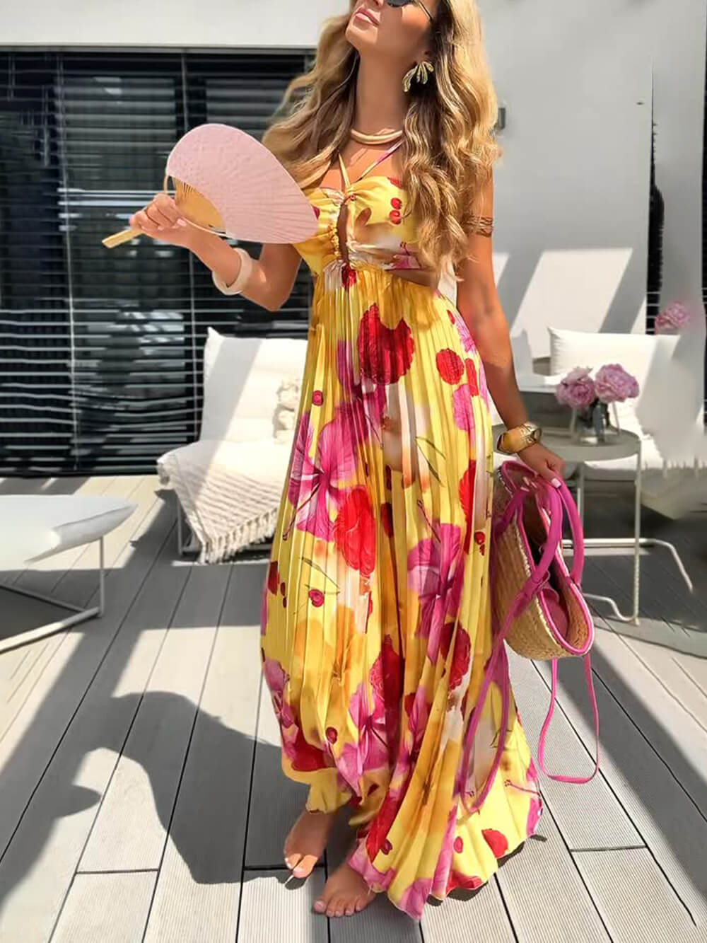 Beautiful Summer Print Ruched Ruffle Backless Tie Maxi Dress