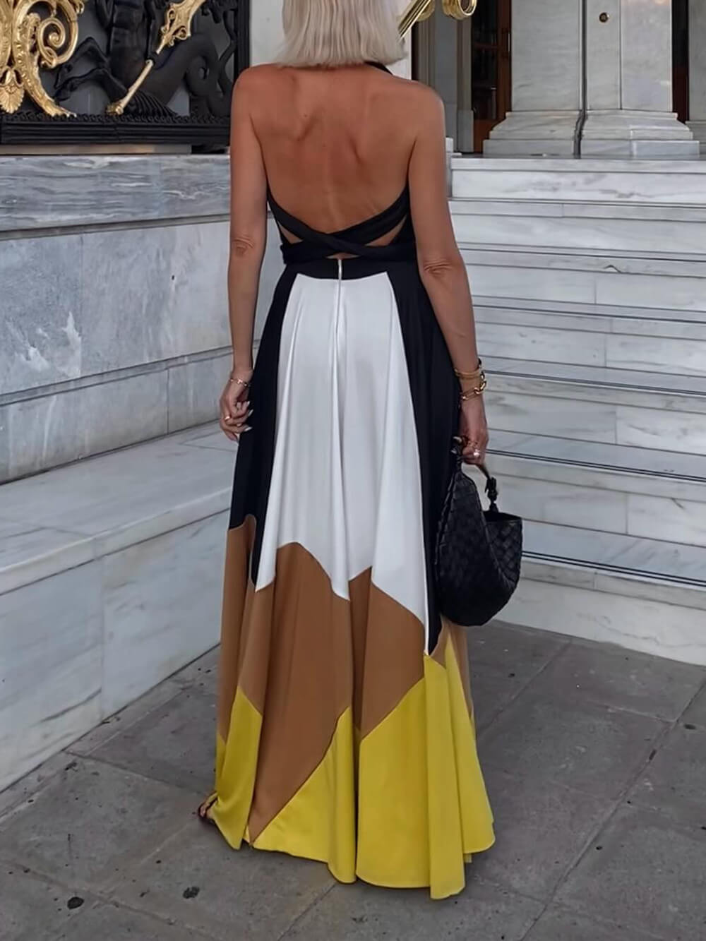 Elegant Geometric Patchwork Backless Tie-Back Maxi Dress