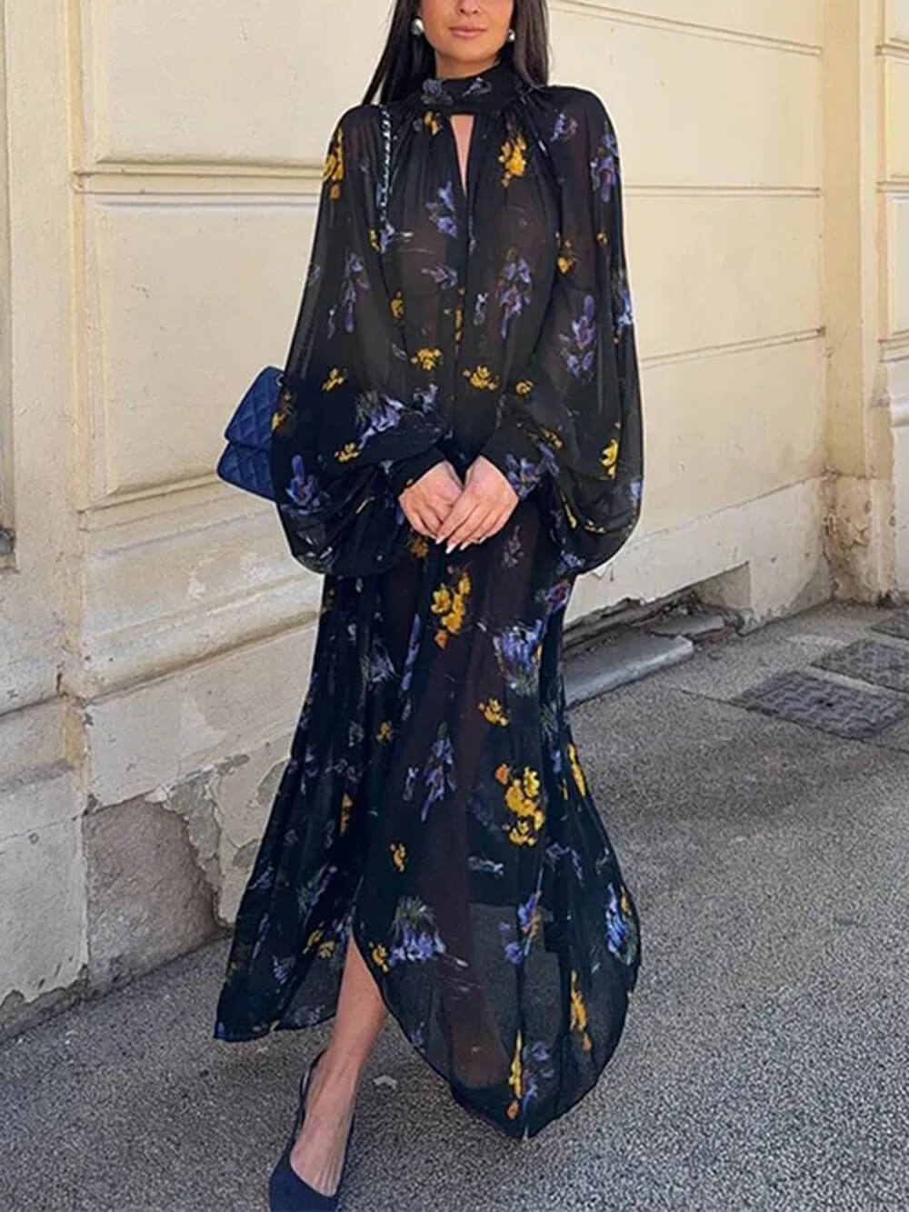 Elegant Floral Print High-Neck Lantern Sleeve Bohemian Maxi Dress